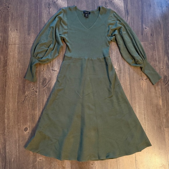 Rachel Zoe Dresses & Skirts - Rachel Zoe Sweater Dress Olive Green Ribbed Balloon Sleeve Chic Women Large‎ L